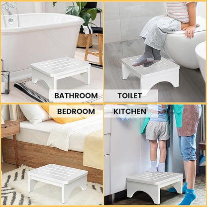 Wooden Step Stool for Adults, One Step Stool with Non-Slip Rubber, 6.9”x 15.7"" Bed Step Stool for High Beds, White Safety Foot Stool for Elderly, Kid
