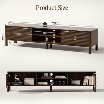 TV Stand for Living Room - up to 80 Inch TVs Mid Century Modern Entertainment Center with Storage and Adjustable Shelves, Media Console Table Walnut 70"