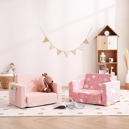 Tiita Kids Chair Couch, Folding Toddler Comfy Sofa Chairs, 2-in-1 Kids Plush Sofas Fold Out, Baby Armrest Chair Sofa to Lounger, Convertible Play Sofas to Bed for Girl or Boy, Pink