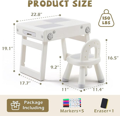 Toddler Table and Chair Set, Foldable Building Block Table for Kids, Double-Sided Drawing & Building Kids Activity Tables, Include 5 Markers & Board Eraser