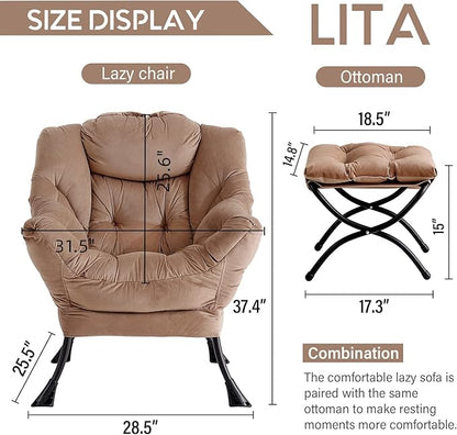 LITA Velvet Dark Brown Contemporary Accent Leisure Upholstered Sofa Chair with Ottoman, Modern Lounge Reading Chair for Living Room, Bedroom & Small Space