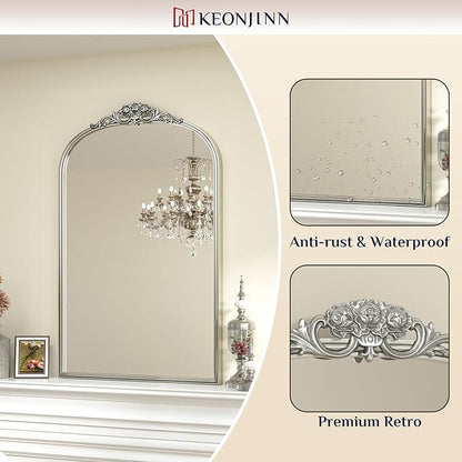 Keonjinn Vintage Mirror for Wall, 40" x 30" Silver Mirror with Metal Frame, Ornate Arched Decoration, Brass Mirror for Mantle, Living Room, French Cleat Mounting