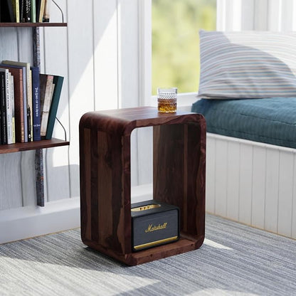 Relso Aurora End Table Solid Sheesham Wood Nightstand with Open Shelf Storage, Walnut Finish Bedside Table, Side Table for Bedroom, Living Room, Entryway, Small Spaces, Accent Bookshelf