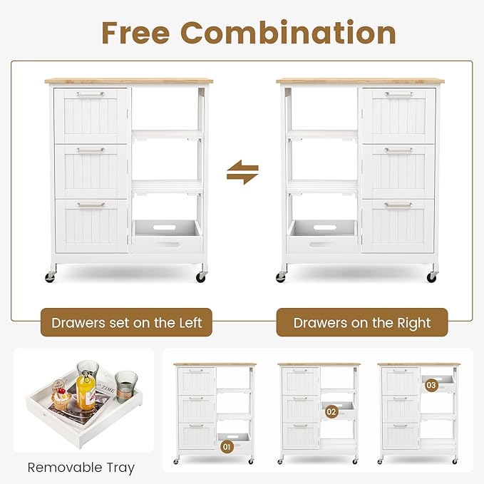 COSTWAY Kitchen Storage Island Cart on Wheels, Kitchen Rolling Trolley Cart with 3 Drawers and Shelves, 360° Wheels & Detachable Tray, Kitchen Island for Dining Room, Living Room & Bedroom