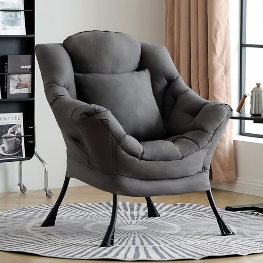 Lazy Chair with Pillow for Living Room, Modern Lounge Accent Chair with Armrests, Leisure Sofa Chair Set, Reading Chair for, Bedroom, Dorm Room, Office, Dark Grey
