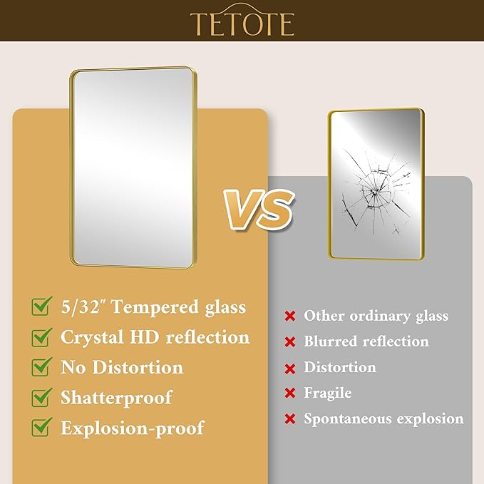 TETOTE Gold Mirror Bathroom 24 x 36 Brushed Gold Metal Framed Vanity Mirror, Tempered Glass, Modern Farmhouse Wall Mounted Mirrors for Decorative(Horizontal/Vertical)