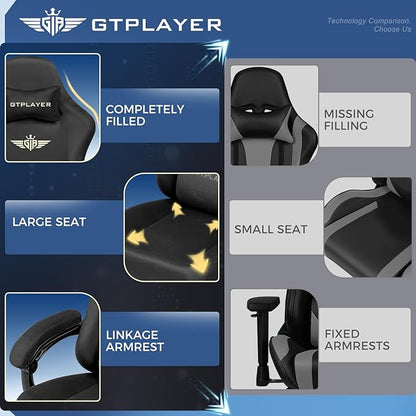 GTPLAYER Gaming Chair Fabric with Pocket Spring Cushion, High Back Ergonomic Computer Chair with Footrest for Adults Lumbar Support Swivel Game Chair for Office Gaming 350LBS, Black