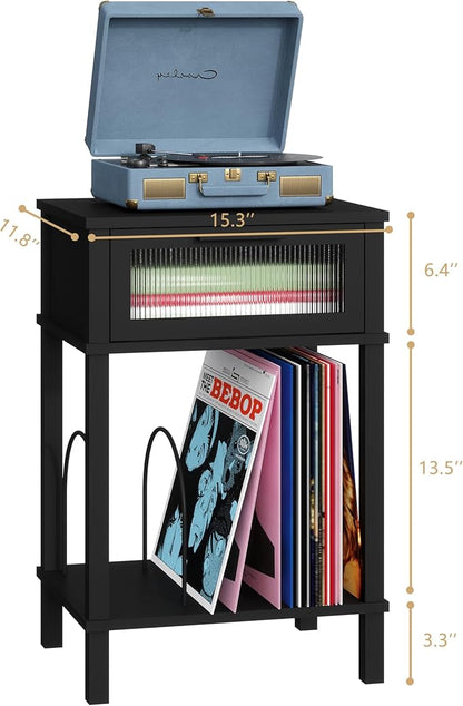 End Table with Record Player Stand, Side Table with Storage, 2-Tier Nightstand with Drawer and Record Holder, Modern Black Bedside Table for Living Room Bedroom MLBZ18B