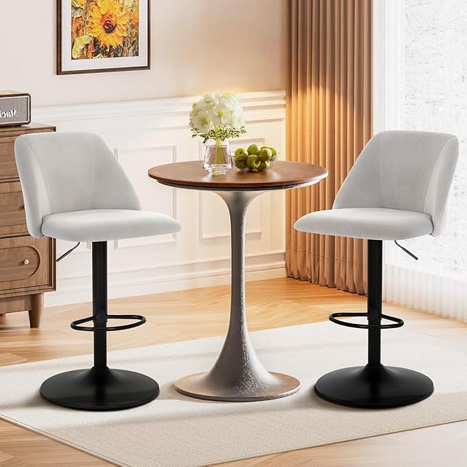 COLAMY Bar Stools Set of 6, Modern Swivel Bar Chairs, Adjustable Upholstered Barstools Counter Height with Full Backrest for Bar, Dining Room, Kitchen Island, Grey