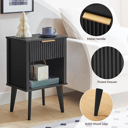 End Table, Fluted Night Stand, Modern Side Table, Bedside Table with 1 Drawer and 1 Open Compartment, Mid Century Nightstand, for Living Room, Bedroom, Study, Office, Black ETBK6201