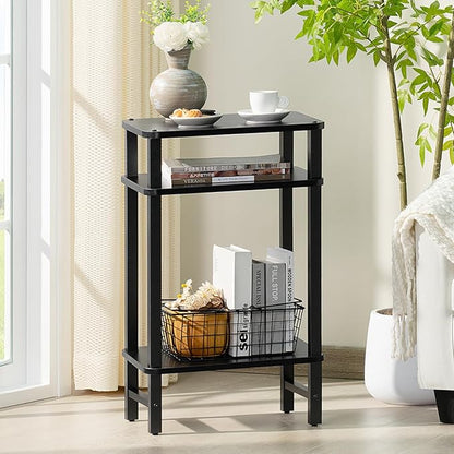 28in Tall Side Table 3-Tier Small Narrow End Table for Couch, Skinny Nightstand for Small Space, Farmhouse Slim Night Stand with Storage, Wooden Frame Thin Bedside Table, for Living Room, Black