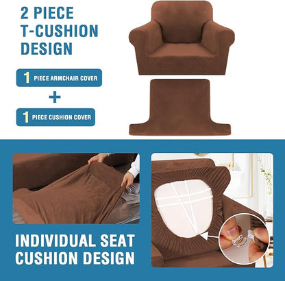 H.VERSAILTEX Sofa Cover 2 Piece T Cushion Armchair Slipcovers Thick Velvet Couch Cover Stretch T Cushion Sofa Covers for 1 Cushion Couch with 1 Individual T Cushion Covers Washable, Caramel