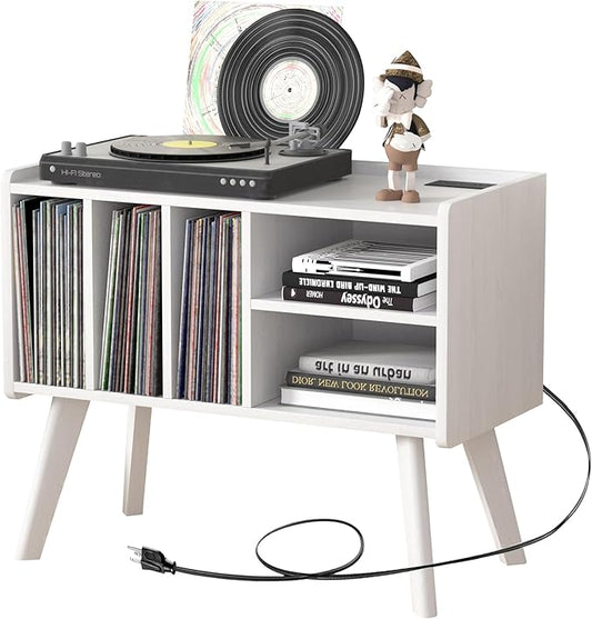 Forevich Record Player Stand Table with Vinyl Storage Holder Large Turntable Record Stand with Power Outlet Holds Up to 220 Albums Display Shelf Cabinet with Wood Legs for Living Room White