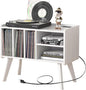 Forevich Record Player Stand Table with Vinyl Storage Holder Large Turntable Record Stand with Power Outlet Holds Up to 220 Albums Display Shelf Cabinet with Wood Legs for Living Room White