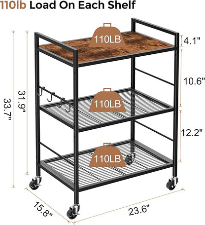 3-Tier Kitchen Cart with Adjustable Shelves - Microwave Storage Cart & Utility Rolling Organizer, Industrial Wheels for Small Spaces, 15.7"x23.6"x33.7" Kitchen Office Living Room Metal Rack
