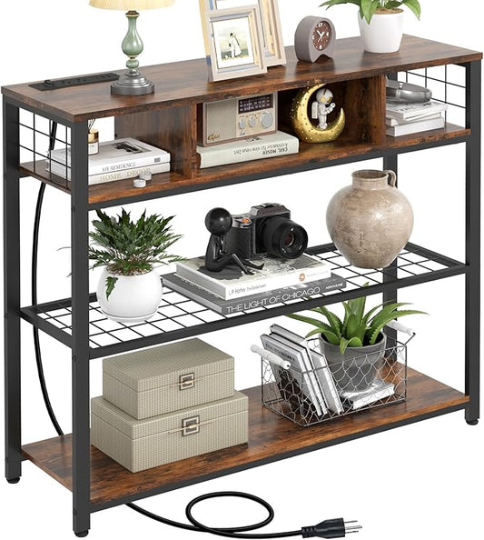 Console Tables with Charging Station, 4 Tier Narrow Sofa Tables with Storage Shelves, Entryway Tables with Outlet and USB Ports, Behind Couch Table for Living Room Hallway, Rustic Brown
