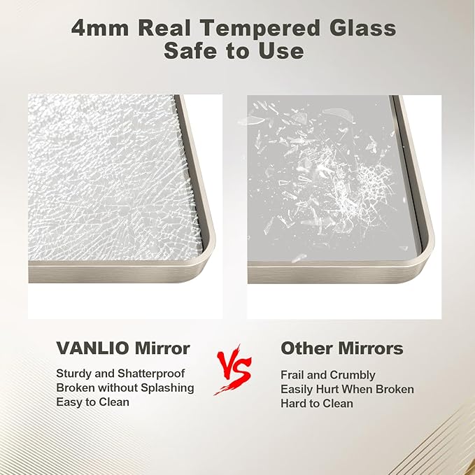 40x32 Inch Brushed Nickel Bathroom Mirror, Brushed Silver Metal Framed Wall Mirror, Rounded Corner Rectangle Modern Vanity Mirror, Tempered Glass, Anti-Rust, Shatterproof (Horizontal/Vertical)