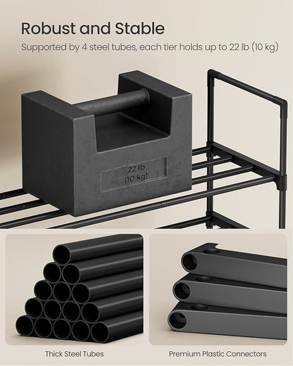 SONGMICS Shoe Rack, 3-Tier Shoe Organizer, Metal Storage Shelf, Upright or Upside Down, for 8-12 Pairs, Stackable, for Entryway, 11.8 x 26.8 x 21.7 Inches, Black ULSA203B01