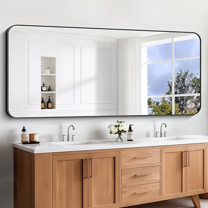 Large Bathroom Mirror, 72x30 inch Black Rectangle Mirror, Metal Frame Rectangular Vanity Mirror, Wall Mounted Mirror with Rounded Corner for Bedroom Living Room Hangs Horizontal Or Vertical