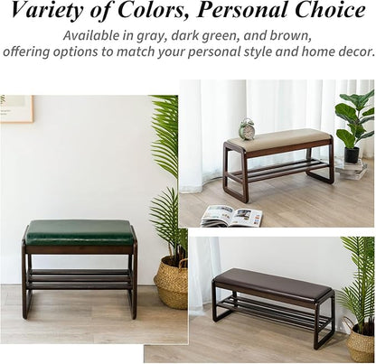 Shoe Bench, Entryway Bench with Leather Cushion, Solid Wood Shoe Rack, Mid Century Modern Bench, Shoe Storage, Shoe Organizer for Entryway (Green, 21.7" W)