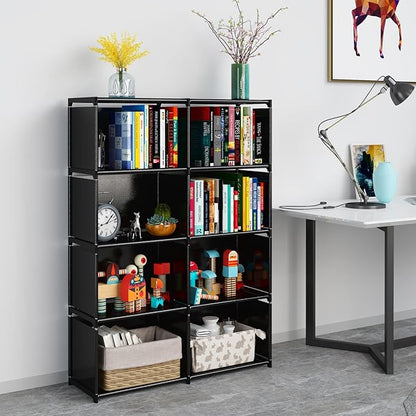 JIUYOTREE 5-Tiers Portable Bookshelf with Fabric Cloth at Back, 8 Cube Closet Storage Organizer Bookcase, Living Room,Study Room,Bedroom, Black