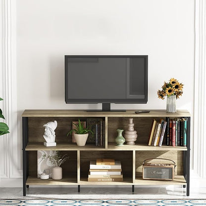 Horizontal Bookshelf,Industrial Modern 5 Cube Low Wide Cubby Bookcase,Long Wood and Metal Storage Organizer Open Shelf, Short Book Shelf Bedroom Storage for Home Office Living Room(Rustic Oak,5 Cube)