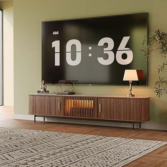 POVISON Fully-Assembled Mid Century Modern Black TV Stand with White Matte Travertine Stone Tabletop & LED Lights, Rolling Door Media Console, Wood TV Console for Living Room