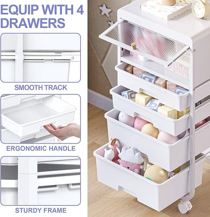 Utility-Rolling-Storage-Drawer-Craft-Cart-Organizers with 4 Drawers & Dust-proof Door for Kid Craft Art Room,Bedroom,Home Office, Craft Drawer cart, Classic White