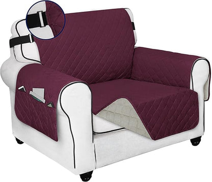 PureFit Reversible Sofa Cover Water Resistant Chair Couch Cover, Machine Washable Furniture Cover with Non-Slip Foam and Adjustable Strap for Dogs, Pets (Chair, Wine/Beige)