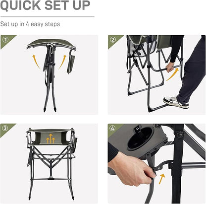 EVER ADVANCED Portable 30.7" Seat Height Tall Folding Camping Chair Directors Chair High Foldable Bar Stool with Side Table for Makeup Artist, Sports Event, Craft Show, Supports 350LBS Green Grey