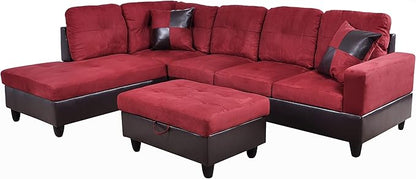 NicBex Sectional Couch 3 Pieces Sofa Set with Right Chaise Flannel PVC L Shaped Cloud Couch for Living Room Furniture Sets with Storage Ottoman, Modular Sofa for Living Room & Apartment, Red+Black