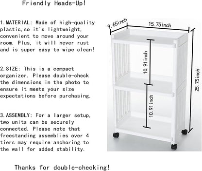 3 Tier Rolling Storage Cart for Bathroom Toilet Side Storage Shelf with Wheels Movable Organization Rack Organizer Shelving Unit Bathroom Cart Office Cart (Normal Size)