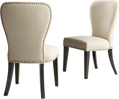 Alaterre Furniture Savoy Upholstered Dining Chairs – Set of 2 Parsons Style Accent Chairs with Cream Linen Fabric, Nailhead Trim, and Dark Stained Legs – for Dining Room, Desk, or Sitting Area
