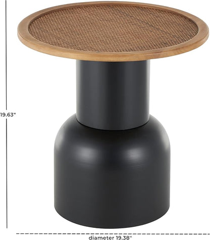 Deco 79 Metal Handmade Side End Accent Table Pedestal End Table with Brown Rattan Tabletop, Side Table 19" x 19" x 20", Black