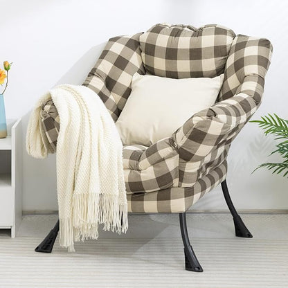 HollyHOME Fabric Lazy Chair with Foldable Ottoman, Accent Lounge Arm Chair and Folding Footrest Stool Set, Leisure Sofa Reading Chair and Footstool for Living Room, Bedroom, Dorm, Beige&Coffee Grid