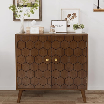 COSIEST 32" Storage Sideboard with Doors, Adjustable Shelf, Decorative Modern Accent Furniture for Living Room, Entryway, Kitchen (Brown, Honeycomb Pattern)