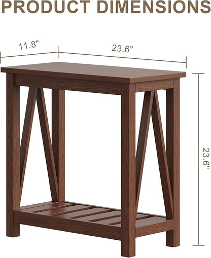 ChooChoo Farmhouse End Table, Narrow Side Table, Slim End Table with Storage Shelf for Small Spaces, Rustic Nightstand, for Living Room, Bedroom Walnut