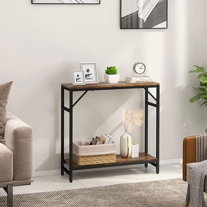 Narrow Console Table, Small Entryway Table with 2 Support Bar, 2 Tier Sofa Table, 29.5" Thin Couch Table, Display Table, Side Table for Living Room, Hallway, Bedroom, Rustic Brown