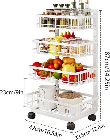 4-Tier Kitchen Storage Cart, Metal Utility Rolling Cart with Wheels, Versatile Rolling Storage Snack Cart, Adjustable Fruit Vegetable Basket Rack for Pantry, Bathroom, Kitchen, Office (Milky White)