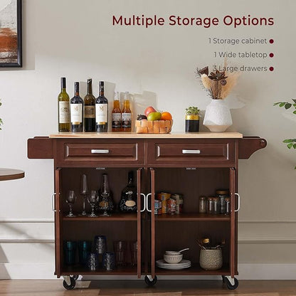 Walnut 54" Rolling Kitchen Island on Wheels, Large Kitchen Cart with Storage Cabinet, Portable Wood Island Table with 2 Drawers and Spice Rack & Towel Rack, Brown