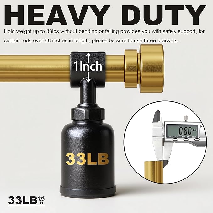 2 Pack Modern Gold Curtain Rods for Windows 48 to 84 Inches Adjustable Length Heavy Duty 1" Diameter Brass Window Curtain Rod with Solid Metal Finials for Outdoor Farmhouse Bedroom Kitchen Living Room
