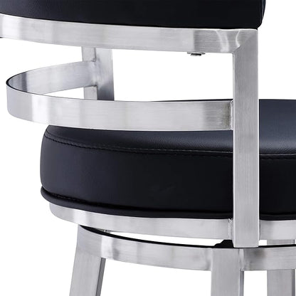 Armen Living Titana 26" Counter Height Swivel Black Faux Leather and Brushed Stainless Steel Bar Stool