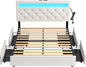 Rolanstar Full Size Bed Frame with 4 Storage Drawers and Charging Station, Full Bed with Led Lights, 2 USB & 1 Type C, Adjustable Headboard 38.9/40.10 Inches, No Box Spring Needed, White