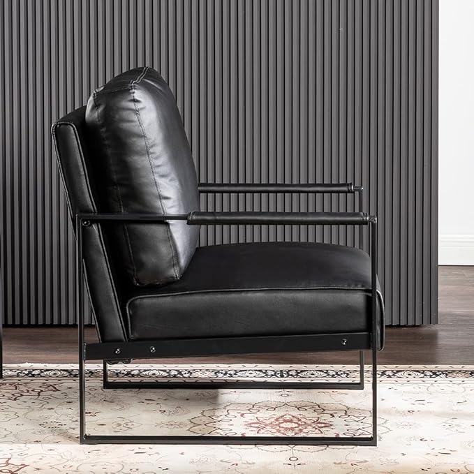 Container Furniture Classic Mid Century Modern Accent Chair with Durable Square Metal Frame, Armchair for Living Room, Bedroom, Home Office in Spotted Microfiber Upholstery, Black -PU Leather