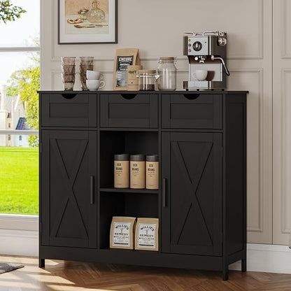 Storage Cabinet, Coffee Bar Cabinet with 2 Adjustable Shelves, 3 Drawers, and 2 Doors, for Bathroom, Kitchen, Living Room (Black)