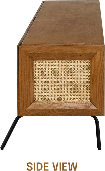 NTC Mossic TV Media Cabinet with 4 Doors for TVs, Entertainment Center with Natural Rattan, Metal Legs, Modern Storage Console for Living Room and Bedroom, Effortless Assembly, Rustic Oak