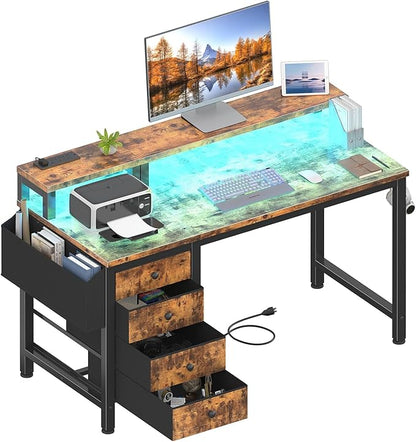 Lufeiya Reversible Gaming Desk with LED Lights and Power Outlets, 47 inch Home Office Desk with Monitor Stand, Computer Desk with Fabric Drawers, Rustic Brown