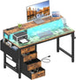 Lufeiya Reversible Gaming Desk with LED Lights and Power Outlets, 47 inch Home Office Desk with Monitor Stand, Computer Desk with Fabric Drawers, Rustic Brown