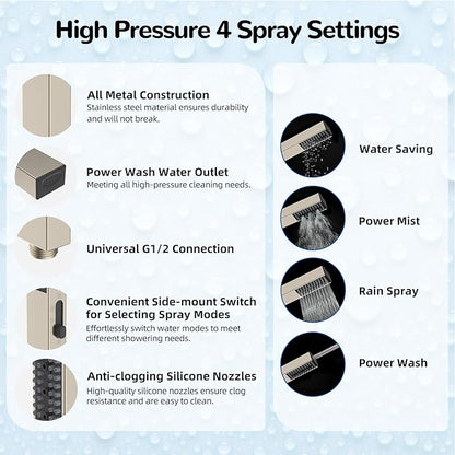 Hibbent All Metal 8'' Rainfall Shower Head, Shower Head Combo, High Pressure Handheld Shower Wand, 4 Sprays, 16'' Adjustable Arc-shaped Extension Arm, 71'' Hose, Showerhead Holder, Brushed Nickel