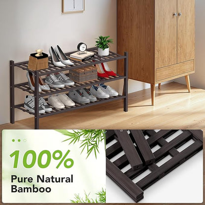 Haddockway Long 3 Tier Bamboo Shoe Rack Storage Organizer, Multifunctional Free Standing Stackable Shoe Shelf with Grid Panel for Closet,Hallway,Entryway,Small Space 34.2"x11"x20"(Brown, 3-Tier(Long))